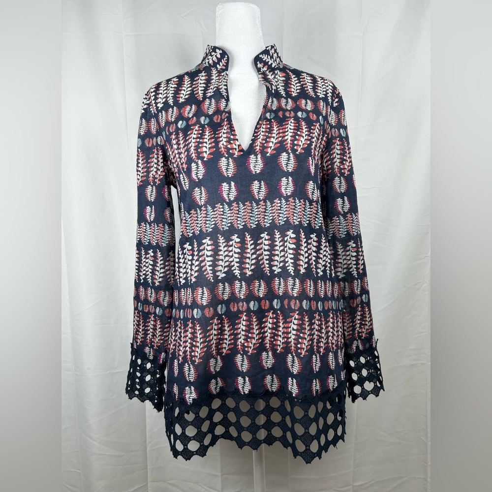 Tory Burch Fern Tunic Top Size 4 Navy Blue Crochet Cotton
